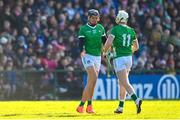 26 February 2023; Gearoid Hegarty, left, and Cian Lynch of Limerick during the Allianz Hurling League Division 1 Group A match between Galway and Limerick at Pearse Stadium in Galway. Photo by Seb Daly/Sportsfile
