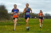 12 February 2023; Saoirse Twomey of West Muskerry AC, Cork, left, and Abbey Wolohan of Croghan AC, Wexford, competing in the Girls U17 3000m during the 123.ie National Intermediate, Masters & Juvenile B Cross Country Championships at Gowran Demense in Kilkenny. Photo by Sam Barnes/Sportsfile