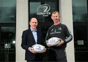 27 February 2023; Leinster head coach Leo Cullen with Leinster Rugby chief executive officer Shane Nolan, left, following the announcement of his contract extension through to 2025 at Leinster Rugby Headquarters in Dublin. Photo by Stephen McCarthy/Sportsfile