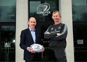 27 February 2023; Leinster head coach Leo Cullen with Leinster Rugby chief executive officer Shane Nolan, left, following the announcement of his contract extension through to 2025 at Leinster Rugby Headquarters in Dublin. Photo by Stephen McCarthy/Sportsfile