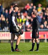 26 February 2023; Referee David Coldrick and Galway goalkeeper Connor Gleeson during the Allianz Football League Division 1 match between Donegal and Galway at O'Donnell Park in Letterkenny, Donegal. Photo by Ben McShane/Sportsfile