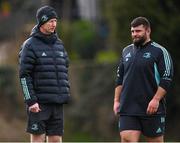 27 February 2023; Head coach Leo Cullen with Michael Milne, right, during a Leinster rugby squad training session at UCD in Dublin. Photo by Piaras Ó Mídheach/Sportsfile
