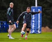 27 February 2023; Tadhg McElroy and Jamie Osborne, left, during a Leinster rugby squad training session at UCD in Dublin. Photo by Piaras Ó Mídheach/Sportsfile