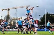 27 February 2023; David Walsh of St Michaels College in action against Blayze Molloy of Clongowes Wood College during the Bank of Ireland Leinster Rugby Schools Senior Cup Quarter Final match between Clongowes Wood College and St Michael’s College at Energia Park in Dublin. Photo by David Fitzgerald/Sportsfile