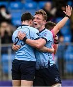 27 February 2023; Charles Foley of St Michaels College, left, celebrates with team mate James White after scoring their side's fifth try during the Bank of Ireland Leinster Rugby Schools Senior Cup Quarter Final match between Clongowes Wood College and St Michael’s College at Energia Park in Dublin. Photo by David Fitzgerald/Sportsfile