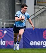 27 February 2023; Charles Foley of St Michaels College scores his side's fifth try during the Bank of Ireland Leinster Rugby Schools Senior Cup Quarter Final match between Clongowes Wood College and St Michael’s College at Energia Park in Dublin. Photo by David Fitzgerald/Sportsfile