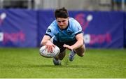 27 February 2023; Charles Foley of St Michaels College scores his side's fifth try during the Bank of Ireland Leinster Rugby Schools Senior Cup Quarter Final match between Clongowes Wood College and St Michael’s College at Energia Park in Dublin. Photo by David Fitzgerald/Sportsfile