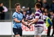 27 February 2023; James White of St Michaels College and Alex Kelly of Clongowes Wood College after the Bank of Ireland Leinster Rugby Schools Senior Cup Quarter Final match between Clongowes Wood College and St Michael’s College at Energia Park in Dublin. Photo by David Fitzgerald/Sportsfile