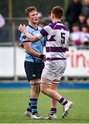 27 February 2023; James White of St Michaels College and Alex Kelly of Clongowes Wood College after the Bank of Ireland Leinster Rugby Schools Senior Cup Quarter Final match between Clongowes Wood College and St Michael’s College at Energia Park in Dublin. Photo by David Fitzgerald/Sportsfile