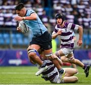 27 February 2023; Mikey O’Reilly of St Michaels College is tackled by Harry Roche Nagle of Clongowes Wood College during the Bank of Ireland Leinster Rugby Schools Senior Cup Quarter Final match between Clongowes Wood College and St Michael’s College at Energia Park in Dublin. Photo by David Fitzgerald/Sportsfile