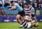 27 February 2023; Mikey O’Reilly of St Michaels College is tackled by Harry Roche Nagle of Clongowes Wood College during the Bank of Ireland Leinster Rugby Schools Senior Cup Quarter Final match between Clongowes Wood College and St Michael’s College at Energia Park in Dublin. Photo by David Fitzgerald/Sportsfile