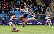 27 February 2023; Wilhelm De Klerk of St Michaels College in action against Alex Kelly of Clongowes Wood College during the Bank of Ireland Leinster Rugby Schools Senior Cup Quarter Final match between Clongowes Wood College and St Michael’s College at Energia Park in Dublin. Photo by Giselle O'Donoghue/Sportsfile