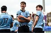 27 February 2023; Patrick Wood, right, and David Walsh of St Michaels College after the Bank of Ireland Leinster Rugby Schools Senior Cup Quarter Final match between Clongowes Wood College and St Michael’s College at Energia Park in Dublin. Photo by Giselle O'Donoghue/Sportsfile