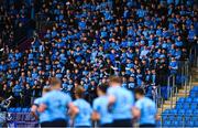 28 February 2023; St Michael's College supporters celebrate their first try during the Bank of Ireland Leinster Schools Junior Cup Quarter Final match between Castleknock College and St Michael’s College at Energia Park in Dublin. Photo by Ben McShane/Sportsfile