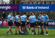 28 February 2023; St Michael's College players during a water-break at half-time of the Bank of Ireland Leinster Schools Junior Cup Quarter Final match between Castleknock College and St Michael’s College at Energia Park in Dublin. Photo by Giselle O'Donoghue/Sportsfile