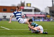 28 February 2023; Rhys Keogh of Blackrock College is tackled by Luca Clopin of St Gerard's during the Bank of Ireland Leinster Schools Junior Cup Quarter Final match between St Gerard’s School and Blackrock College at Energia Park in Dublin. Photo by Ben McShane/Sportsfile