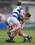 28 February 2023; Seán Costigan of St Gerard's is tackled by Tom McAleese, left, and Matthew Wyse of Blackrock College during the Bank of Ireland Leinster Schools Junior Cup Quarter Final match between St Gerard’s School and Blackrock College at Energia Park in Dublin. Photo by Ben McShane/Sportsfile
