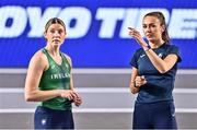 1 March 2023; Ireland team-mates Kate O'Connor, left, and Sharlene Mawdsley in conversation ahead of the European Indoor Athletics Championships at Ataköy Athletics Arena in Istanbul, Türkiye. Photo by Sam Barnes/Sportsfile