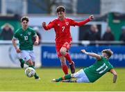 1 March 2023; Kai Rhodes of Wales in action against Brody Lee of Republic of Ireland during the U15 international friendly match between Republic of Ireland and Wales at the Carlisle Grounds in Bray. Photo by Piaras Ó Mídheach/Sportsfile