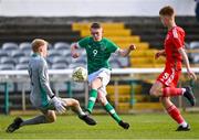 1 March 2023; Michael Noonan of Republic of Ireland has has shot saved by Wales goalkeeper Isaac Dudding during the U15 international friendly match between Republic of Ireland and Wales at the Carlisle Grounds in Bray. Photo by Piaras Ó Mídheach/Sportsfile