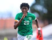 1 March 2023; Jaden Umeh of Republic of Ireland celebrates after scoring his side's third goal during the U15 international friendly match between Republic of Ireland and Wales at the Carlisle Grounds in Bray. Photo by Piaras Ó Mídheach/Sportsfile
