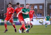 1 March 2023; Luis Gardner of Wales in action against Brody Lee of Republic of Ireland during the U15 international friendly match between Republic of Ireland and Wales at the Carlisle Grounds in Bray. Photo by Giselle O'Donoghue/Sportsfile