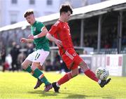 1 March 2023; Rohan Hillier of Wales in action against Brody Lee of Republic of Ireland during the U15 international friendly match between Republic of Ireland and Wales at the Carlisle Grounds in Bray. Photo by Giselle O'Donoghue/Sportsfile