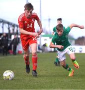 1 March 2023; Billy O'Neill of Republic of Ireland in action against Tomos Lloyd of Wales during the U15 international friendly match between Republic of Ireland and Wales at the Carlisle Grounds in Bray. Photo by Giselle O'Donoghue/Sportsfile