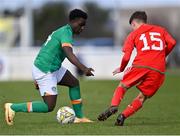 1 March 2023; Muhammad Oladiti of Republic of Ireland in action against Louie Bradbury of Wales during the U15 international friendly match between Republic of Ireland and Wales at the Carlisle Grounds in Bray. Photo by Piaras Ó Mídheach/Sportsfile