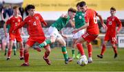 1 March 2023; Brody Lee of Republic of Ireland in action against Jac Thomas, 4, and Luis Gardner of Wales during the U15 international friendly match between Republic of Ireland and Wales at the Carlisle Grounds in Bray. Photo by Piaras Ó Mídheach/Sportsfile