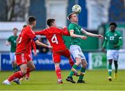 1 March 2023; Michael Noonan of Republic of Ireland in action against Harrison Pugh of Wales, 4, during the U15 international friendly match between Republic of Ireland and Wales at the Carlisle Grounds in Bray. Photo by Piaras Ó Mídheach/Sportsfile