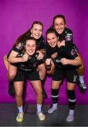 28 February 2023; Orlaith Conlon, front left, Lauren Dwyer, back left, Ciara Rossiter, front right, Kylie Murphy, back right pose for a portrait during a Wexford Youths squad portrait session at South East Technological University in Carlow. Photo by Eóin Noonan/Sportsfile