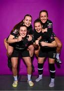 28 February 2023; Orlaith Conlon, front left, Lauren Dwyer, back left, Ciara Rossiter, front right, Kylie Murphy, back right pose for a portrait during a Wexford Youths squad portrait session at South East Technological University in Carlow. Photo by Eóin Noonan/Sportsfile