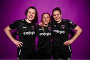 28 February 2023; Della Doherty, left, Ellen Molloy and Ciara Rossiter pose for a portrait during a Wexford Youths squad portrait session at South East Technological University in Carlow. Photo by Eóin Noonan/Sportsfile