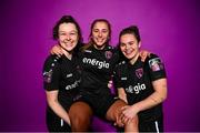 28 February 2023; Della Doherty, left, Ellen Molloy and Ciara Rossiter pose for a portrait during a Wexford Youths squad portrait session at South East Technological University in Carlow. Photo by Eóin Noonan/Sportsfile