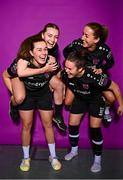 28 February 2023; Orlaith Conlon, front left, Lauren Dwyer, back left, Ciara Rossiter, front right, Kylie Murphy, back right pose for a portrait during a Wexford Youths squad portrait session at South East Technological University in Carlow. Photo by Eóin Noonan/Sportsfile