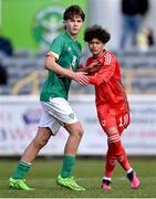 1 March 2023; Grady McDonnell of Republic of Ireland and Prince Cisse of Wales during the U15 international friendly match between Republic of Ireland and Wales at the Carlisle Grounds in Bray. Photo by Piaras Ó Mídheach/Sportsfile