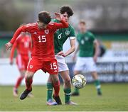 1 March 2023; Bobo Evans of Wales in action against Rory Finneran of Republic of Ireland during the U15 international friendly match between Republic of Ireland and Wales at the Carlisle Grounds in Bray. Photo by Piaras Ó Mídheach/Sportsfile