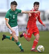 1 March 2023; Max Kovalevskis of Republic of Ireland in action against Harrison Pugh of Wales during the U15 international friendly match between Republic of Ireland and Wales at the Carlisle Grounds in Bray. Photo by Piaras Ó Mídheach/Sportsfile