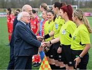 25 February 2023; President of Ireland Michael D Higgins meets fourth official Arleen Campbell before the FAI Women's President's Cup match between Athlone Town and Shelbourne at Athlone Town Stadium in Athlone, Westmeath. Photo by Stephen McCarthy/Sportsfile