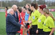 25 February 2023; President of Ireland Michael D Higgins meets referee Louise Thompson before the FAI Women's President's Cup match between Athlone Town and Shelbourne at Athlone Town Stadium in Athlone, Westmeath. Photo by Stephen McCarthy/Sportsfile