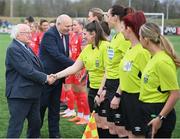 25 February 2023; President of Ireland Michael D Higgins meets assistant referee Katie Hall before the FAI Women's President's Cup match between Athlone Town and Shelbourne at Athlone Town Stadium in Athlone, Westmeath. Photo by Stephen McCarthy/Sportsfile