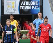 25 February 2023; Athlone Town captian Laurie Ryan and Shelbourne captain Pearl Slattery lead their side's out before the FAI Women's President's Cup match between Athlone Town and Shelbourne at Athlone Town Stadium in Athlone, Westmeath. Photo by Stephen McCarthy/Sportsfile