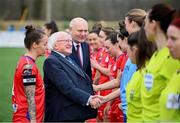25 February 2023; President of Ireland Michael D Higgins and FAI President Gerry McAnaney are introduced to the Shelbourne players by captain Pearl Slattery, left, before the FAI Women's President's Cup match between Athlone Town and Shelbourne at Athlone Town Stadium in Athlone, Westmeath. Photo by Stephen McCarthy/Sportsfile