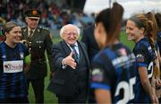 25 February 2023; President of Ireland Michael D Higgins is introduced to the Athlone Town players by captian Laurie Ryan, left, before the FAI Women's President's Cup match between Athlone Town and Shelbourne at Athlone Town Stadium in Athlone, Westmeath. Photo by Stephen McCarthy/Sportsfile