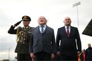 25 February 2023; President of Ireland Michael D Higgins and FAI President Gerry McAnaney, right, stand for the playing of the National Anthem before the FAI Women's President's Cup match between Athlone Town and Shelbourne at Athlone Town Stadium in Athlone, Westmeath. Photo by Stephen McCarthy/Sportsfile
