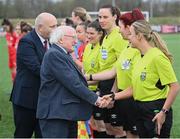 25 February 2023; President of Ireland Michael D Higgins meets assistant referee Kate O'Brien before the FAI Women's President's Cup match between Athlone Town and Shelbourne at Athlone Town Stadium in Athlone, Westmeath. Photo by Stephen McCarthy/Sportsfile