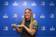 1 March 2023; Aoife Dalton with her Leinster Rugby Women's Players Player Of The Year award during the Leinster Rugby Women's Cap and Jersey presentation at the Bank of Ireland Montrose Branch in Dublin. Photo by Harry Murphy/Sportsfile