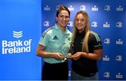 1 March 2023; Aoife Dalton is presented with her Leinster Rugby Women's Players Player Of The Year award by head coach Tania Rosser during the Leinster Rugby Women's Cap and Jersey presentation at the Bank of Ireland Montrose Branch in Dublin. Photo by Harry Murphy/Sportsfile