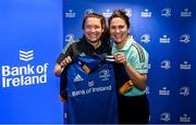 1 March 2023; Christy Haney is presented with her jersey by head coach Tania Rosser during the Leinster Rugby Women's Cap and Jersey presentation at the Bank of Ireland Montrose Branch in Dublin. Photo by Harry Murphy/Sportsfile